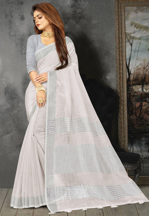 Woven Linen Saree in Off White SPF4482