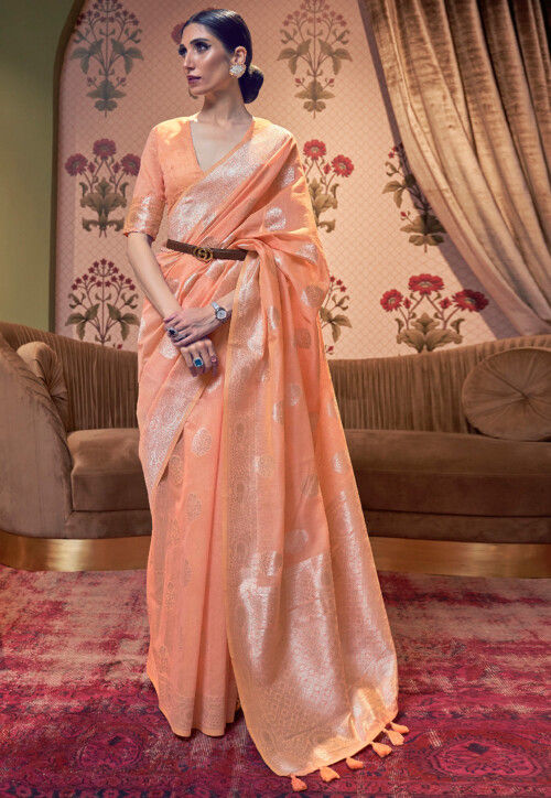 Peach Bengal Handloom Linen Saree | Shop Linen Sarees Online | Jhakhas
