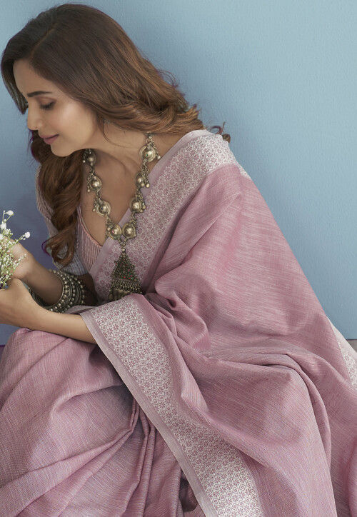 Woven Linen Saree in Pink