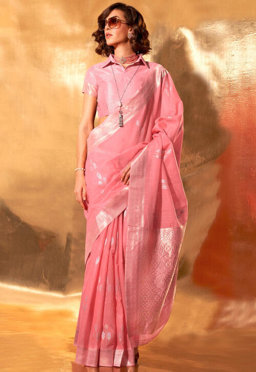 Woven Linen Saree in Pink