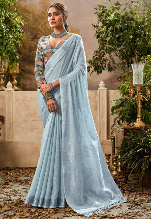 Buy Blue Linen Saree For Women by Anavila Online at Aza Fashions.