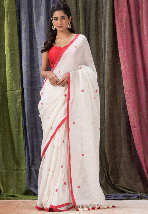 Linen Saree with Printed in White - SR23420