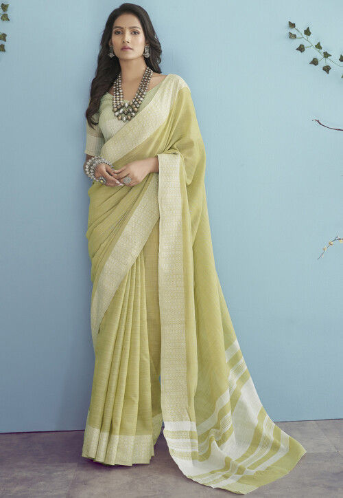 Woven Linen Saree in Light Green