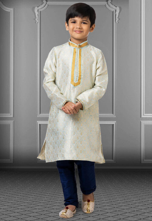 Woven Linen Silk Jacquard Kurta Set in Sky Blue