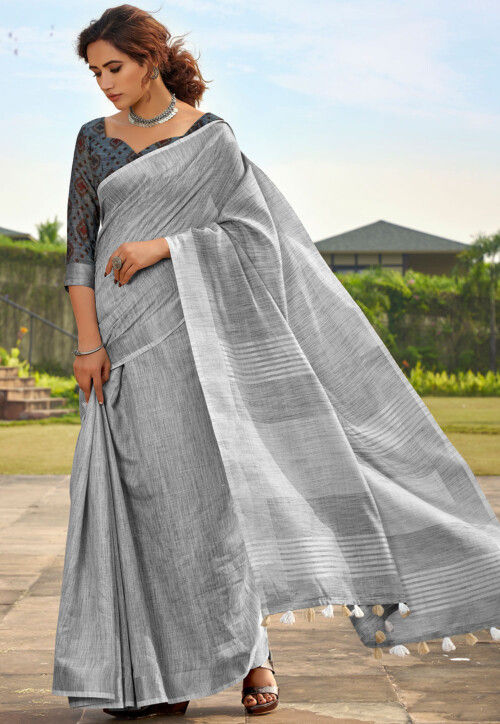 Woven Linen Silk Saree in Grey