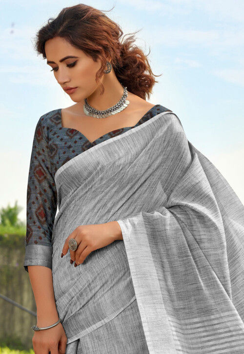 Woven Linen Silk Saree in Grey
