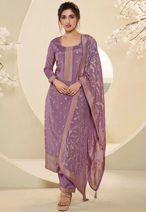 Woven Muslin Silk Jacquard Pakistani Suit in Purple