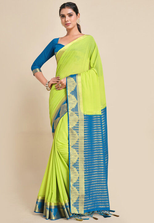 Parrot green chiffon solid kalmkari printed border saree with unstitched  blouse piece - Sourbh Sarees - 4181328