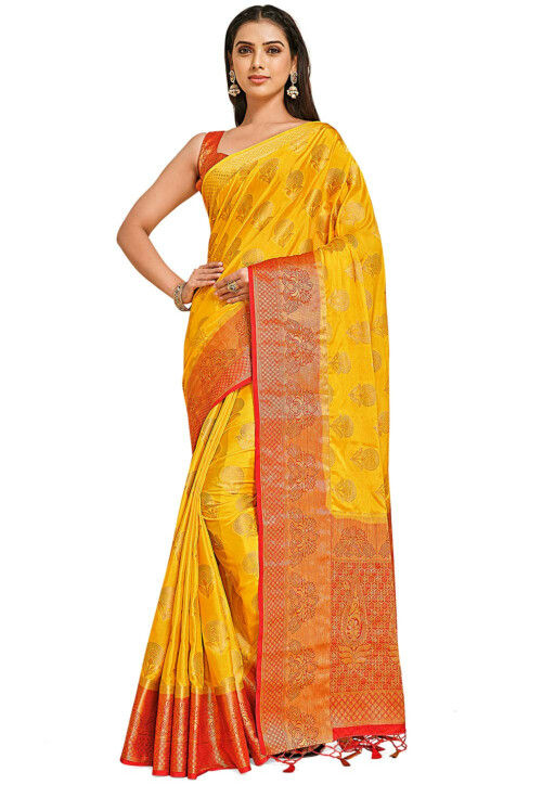 Woven Mysore Silk Saree in Dark Yellow