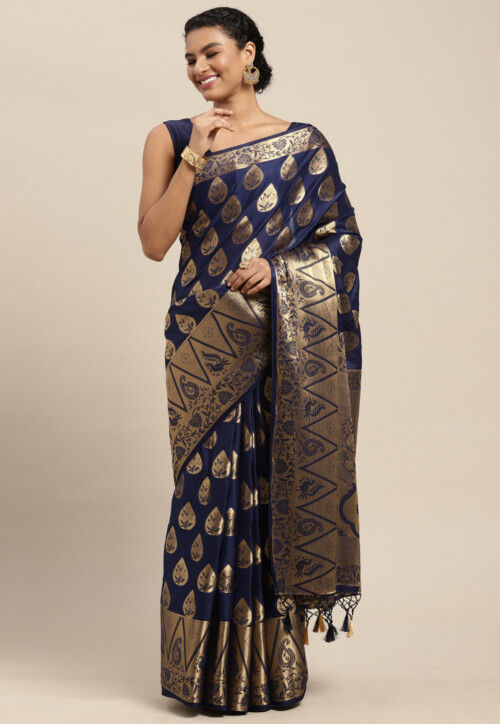 Woven Mysore Silk Saree in Navy Blue