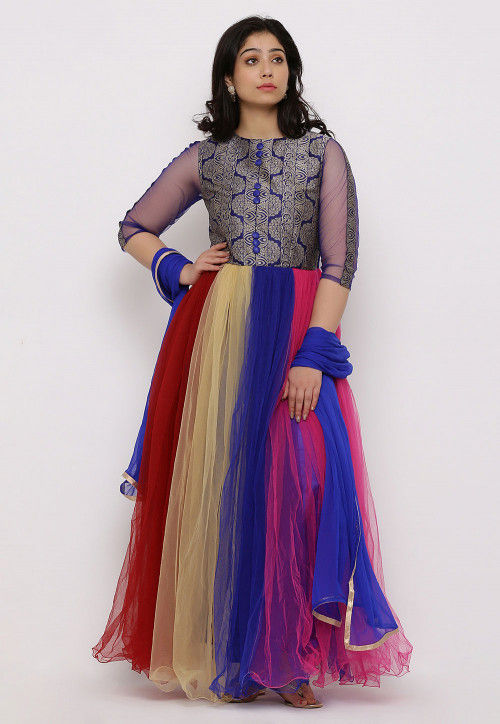 Woven Net Abaya Style Suit in Multicolor and Blue