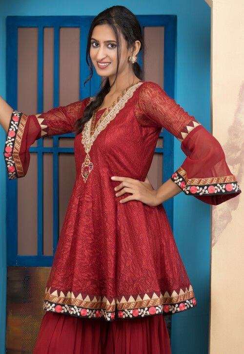 Woven Net Straight Kurta in Maroon