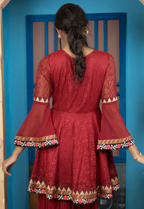 Woven Net Straight Kurta in Maroon