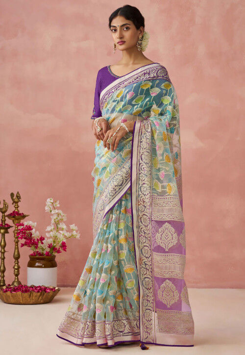 Woven Organza Brasso Saree in Blue