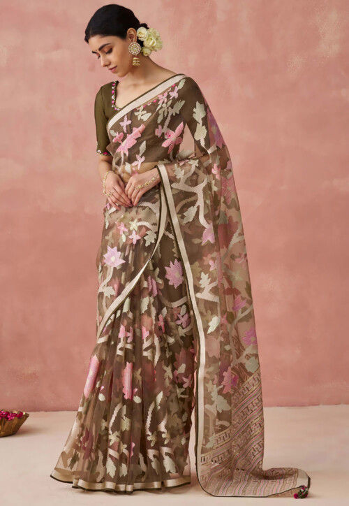 Woven Organza Brasso Saree in Brown