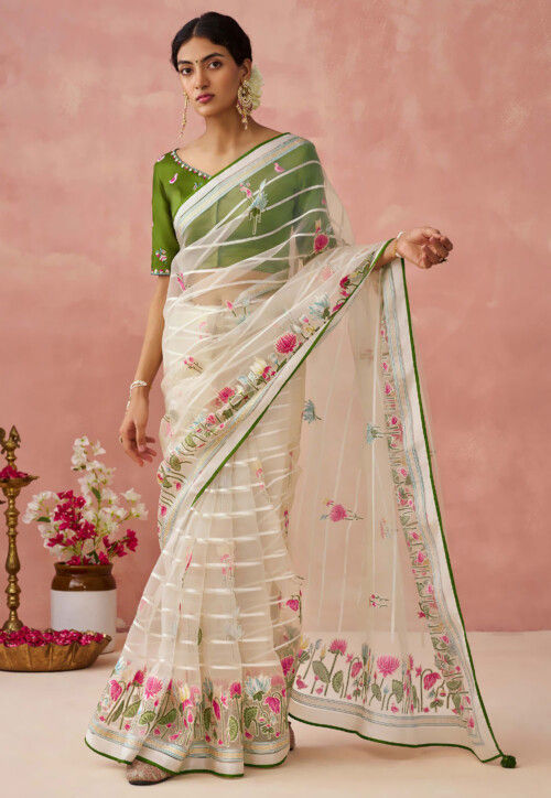 Woven Organza Brasso Saree in Off White