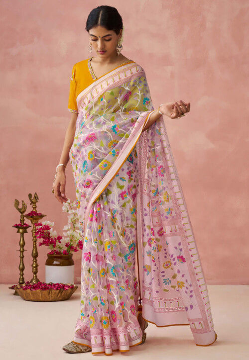 Woven Organza Brasso Saree in Pink