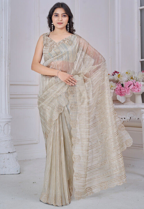 Woven Organza Jacquard Scalloped Saree in Beige