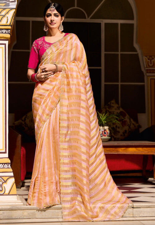 Woven Organza Jacquard Scalloped Saree in Multicolor