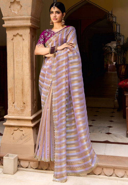 Woven Organza Jacquard Scalloped Saree in Purple