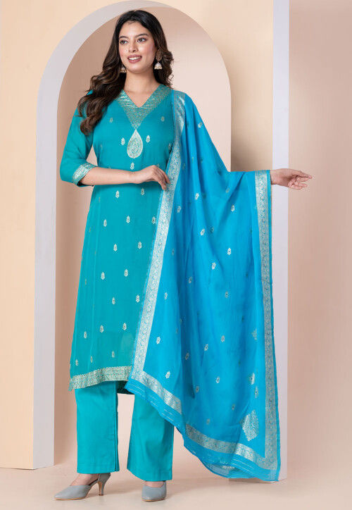 Woven Organza Pakistani Suit in Blue