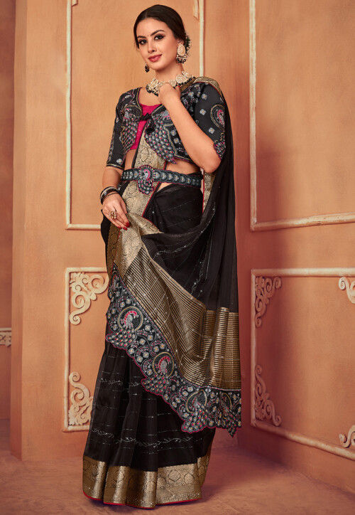 RANGOLI ART Womens And Girls Pure organza saree with heavy embroidery  thread work all over and digital print silk blouse (Black) : Amazon.in:  Fashion