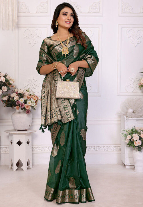 Woven Organza Saree in Dark Green