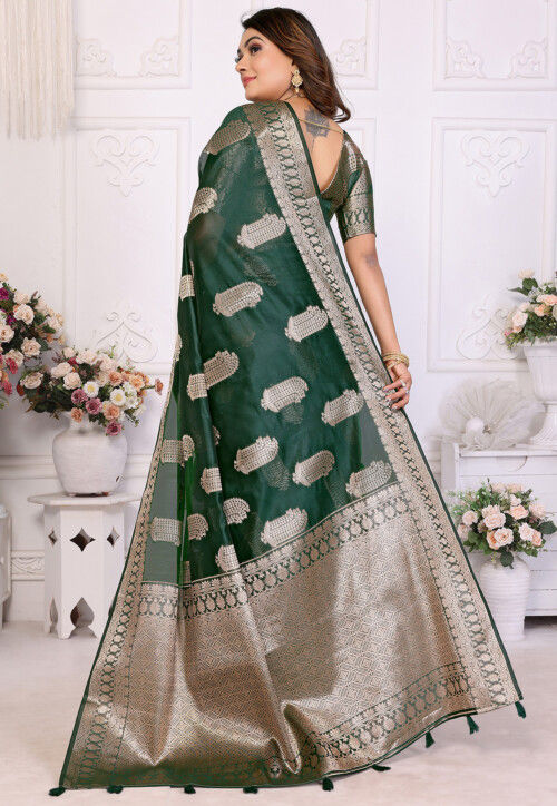 Woven Organza Saree in Dark Green