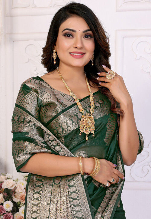 Woven Organza Saree in Dark Green