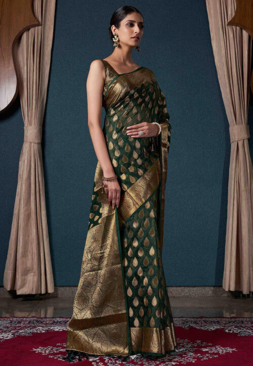 Green Organza Woven Saree With Unstitched Blouse – Odette