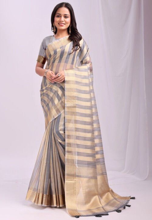 Woven Organza Saree in Grey