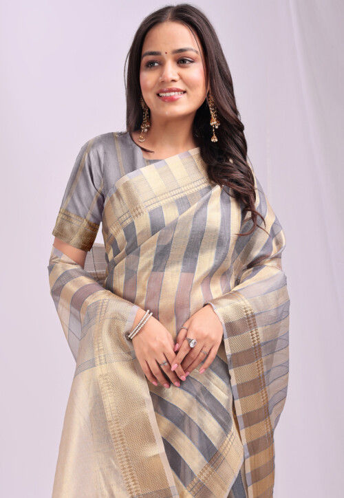 Woven Organza Saree in Grey