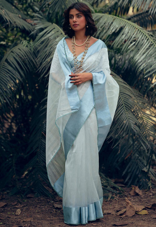 Sky blue organza saree with blouse 2025