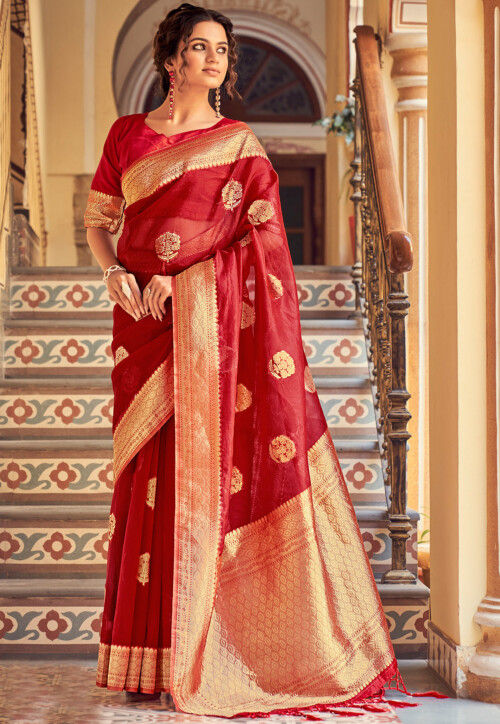 Red Organza Saree Featuring Digital Prints and Intricate Khatali Work