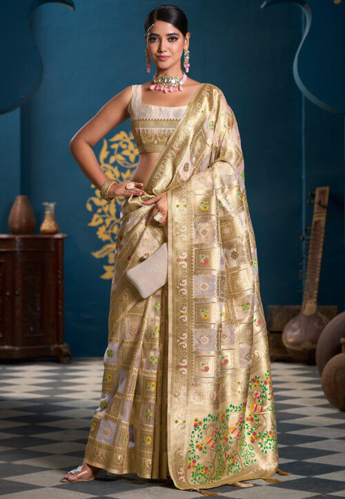 Woven Organza Saree in Off White and Golden