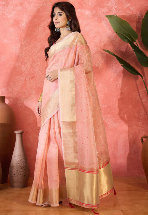 Woven Organza Saree in Peach