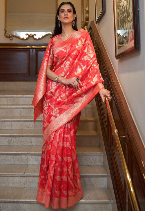 Woven Organza Saree in Red
