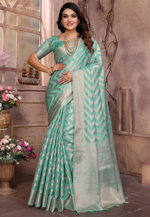 Woven Organza Saree in Sea Green
