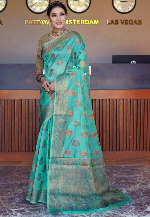Woven Organza Saree in Turquoise