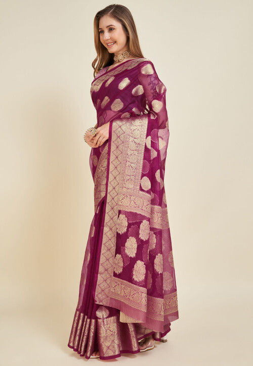 Wine Woven Organza Saree