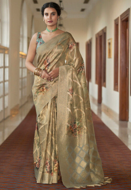 Shop Cloud Grey Kora Tissue Saree With Paithani Pallu Online