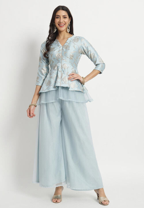 Woven Organza Top Set in Sky Blue