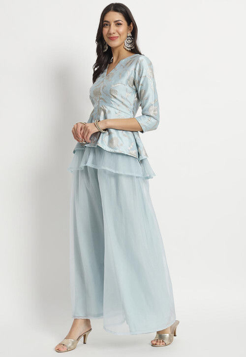 Woven Organza Top Set in Sky Blue