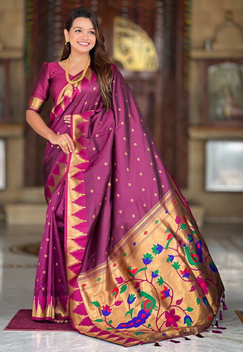 Woven Paithani Silk Saree in Dark Magenta