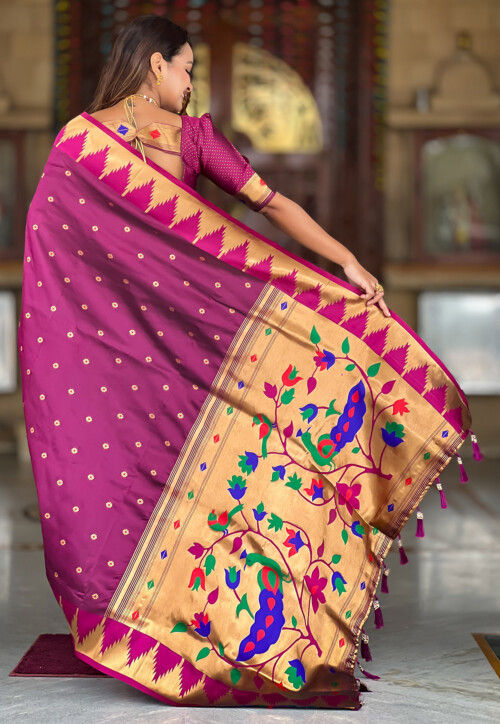 Woven Paithani Silk Saree in Dark Magenta