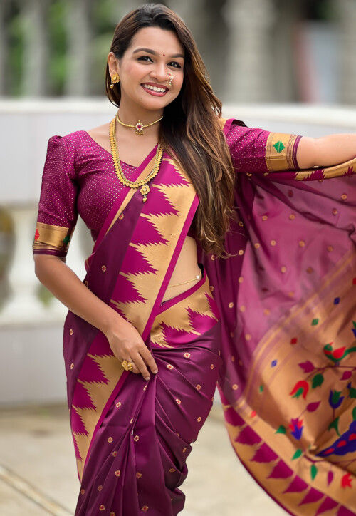 Woven Paithani Silk Saree in Dark Magenta
