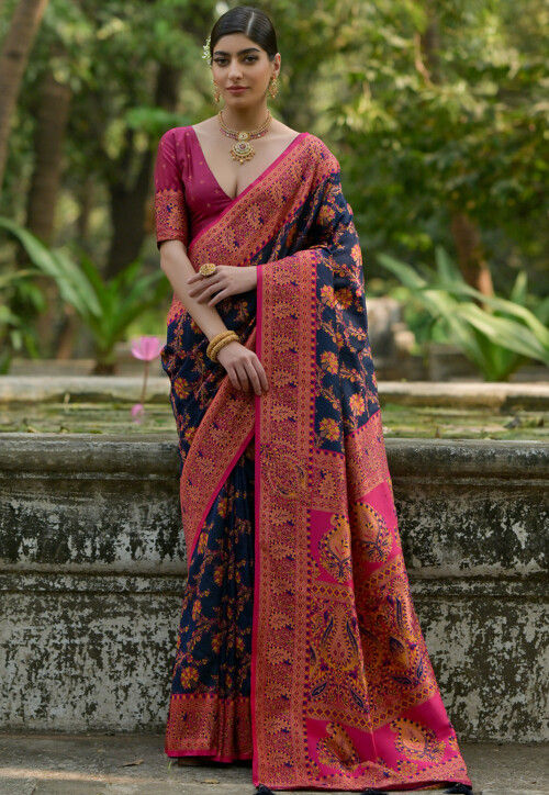 Woven Pashmina Silk Saree in Black