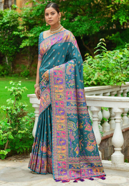 Woven Pashmina Silk Saree in Teal Blue