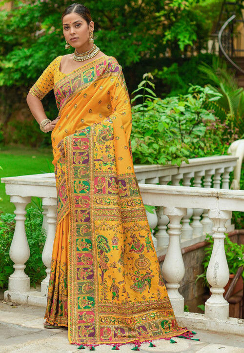 Woven Pashmina Silk Saree in Yellow