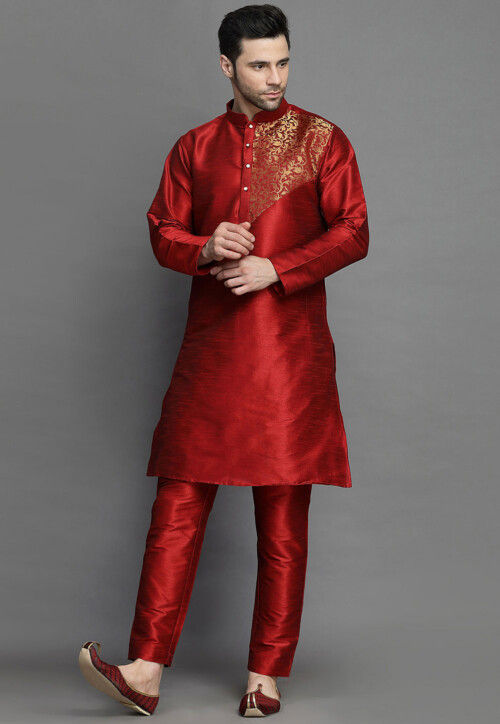 Woven Patch Art Silk Kurta Set in Maroon